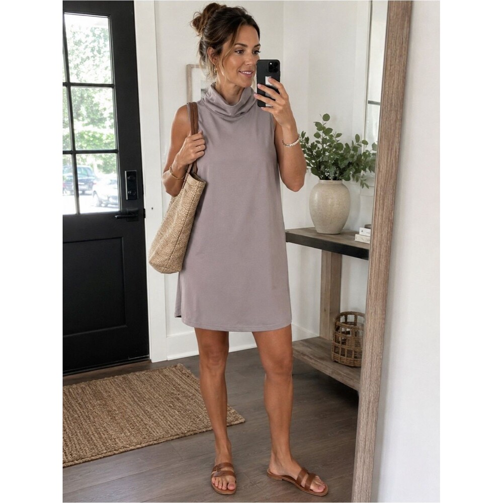 Sheilay Taupe Gray Sleeveless Cowl Neck Shift Dress US S-M